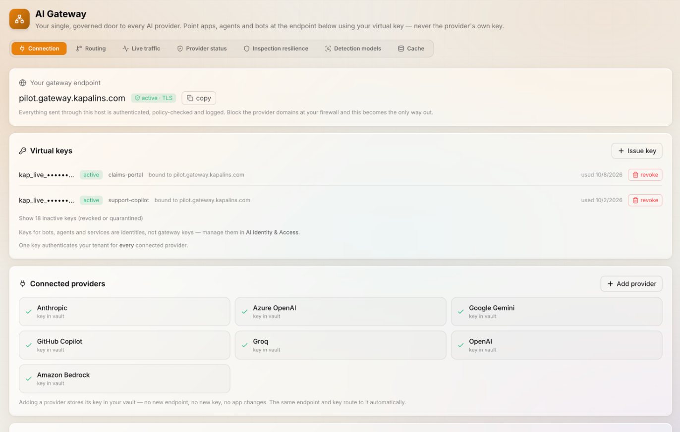 Kapālins AI Gateway: one endpoint, virtual keys and the connected providers