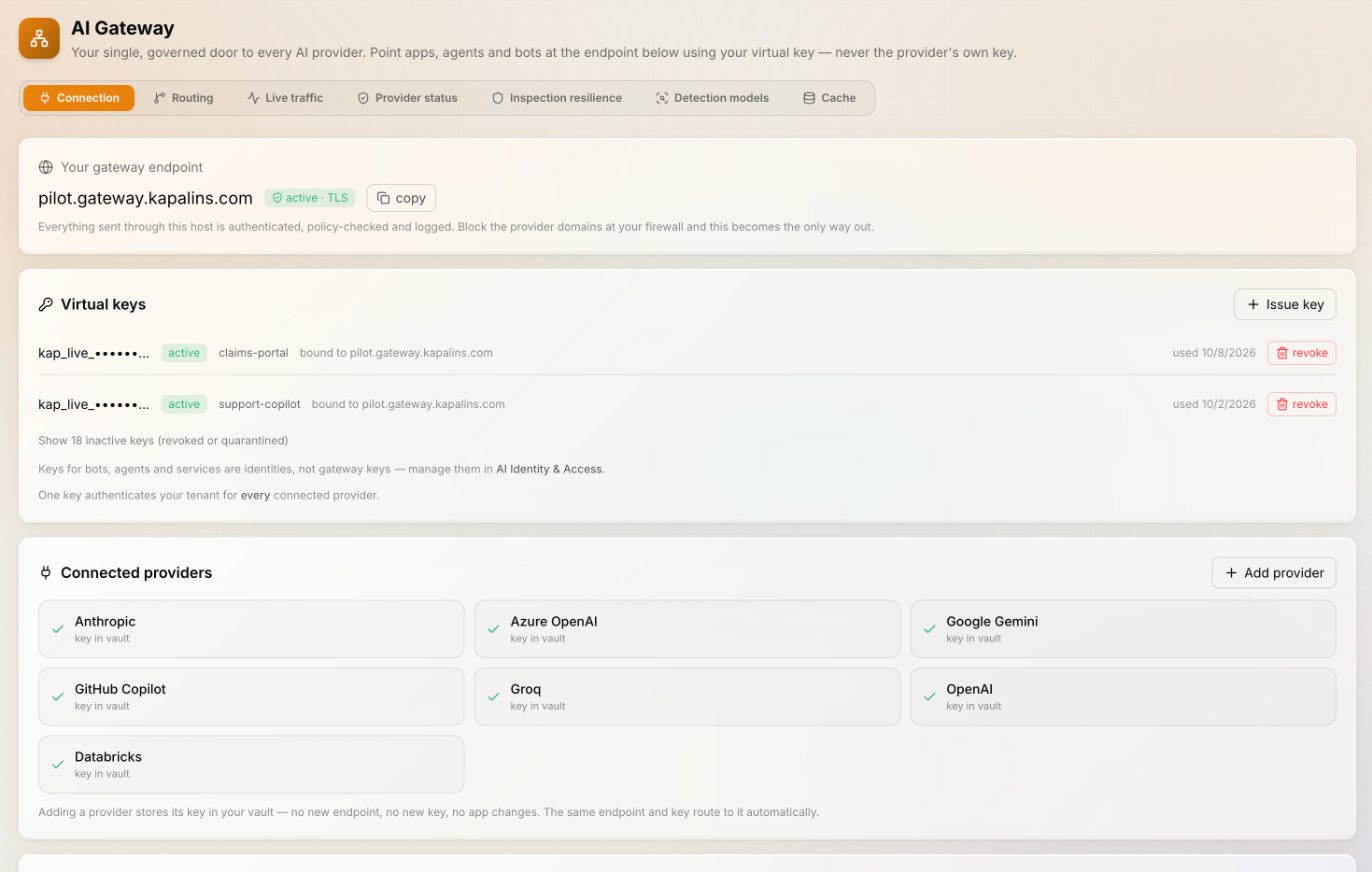 Kapālins AI Gateway: one endpoint, virtual keys and the connected providers
