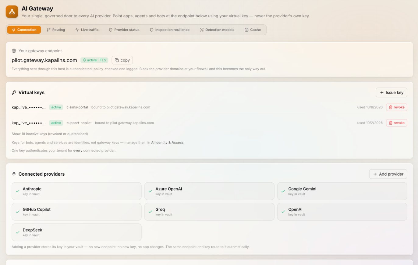 Kapālins AI Gateway: one endpoint, virtual keys and the connected providers
