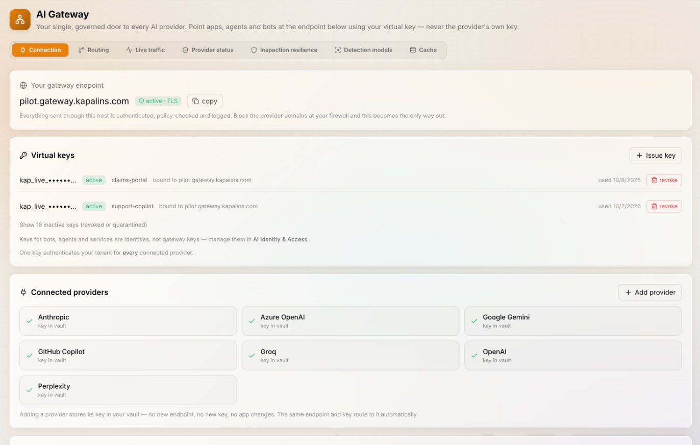 Kapālins AI Gateway: one endpoint, virtual keys and the connected providers