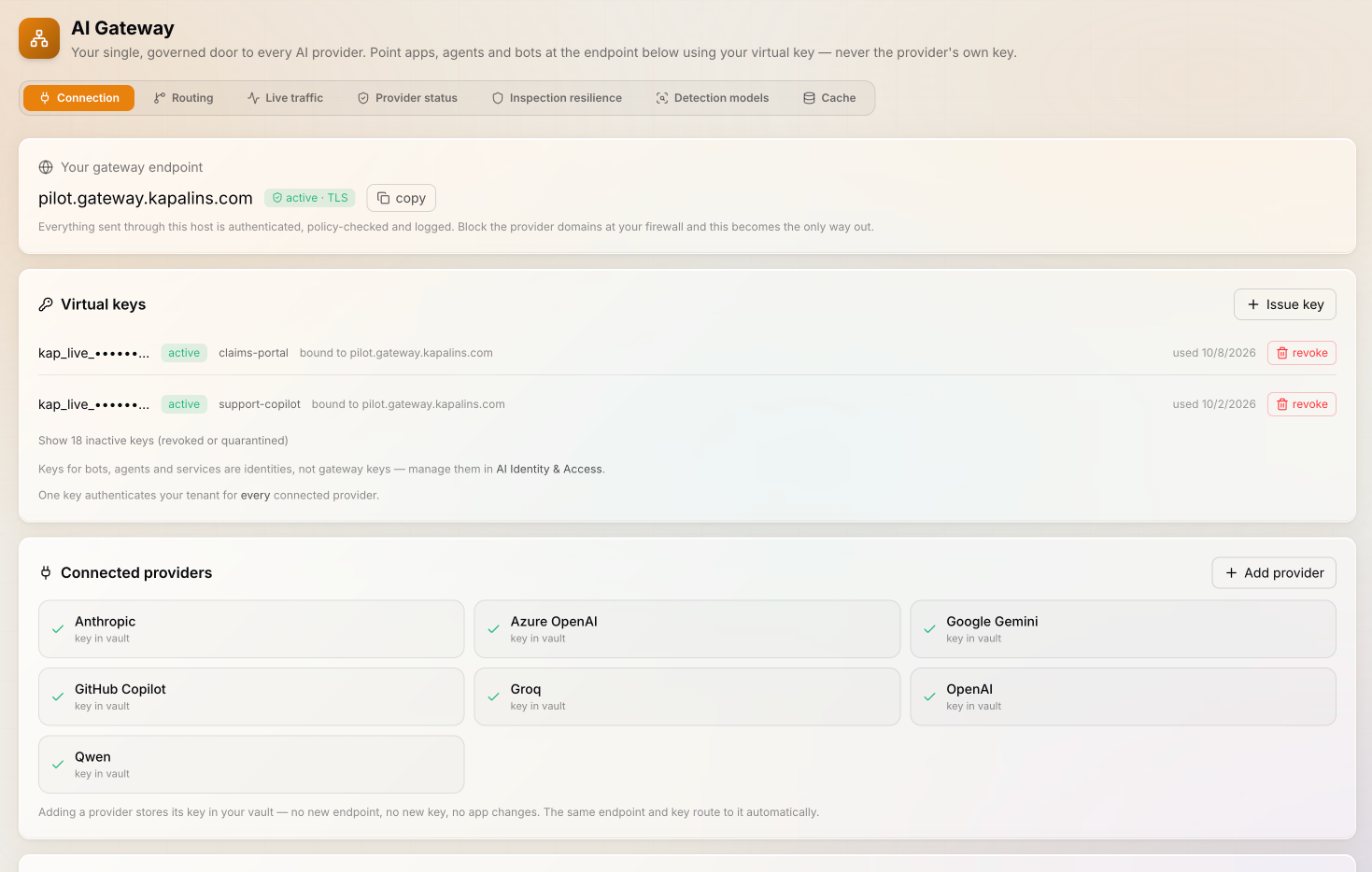 Kapālins AI Gateway: one endpoint, virtual keys and the connected providers