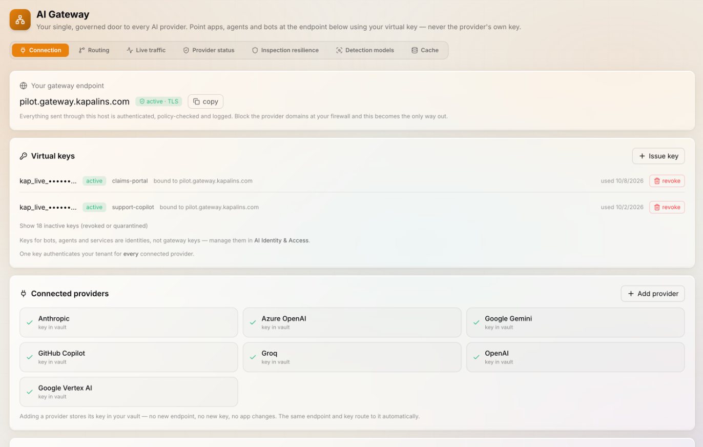 Kapālins AI Gateway: one endpoint, virtual keys and the connected providers