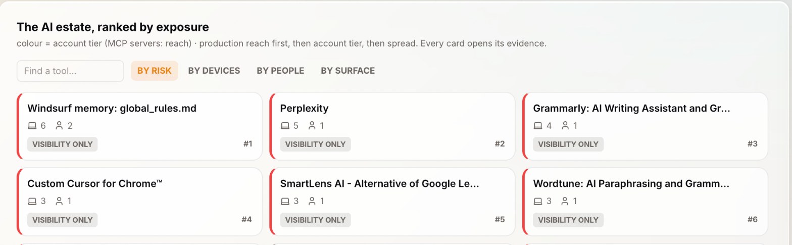 Kapālins Shadow AI discovery: AI tools on devices ranked by exposure