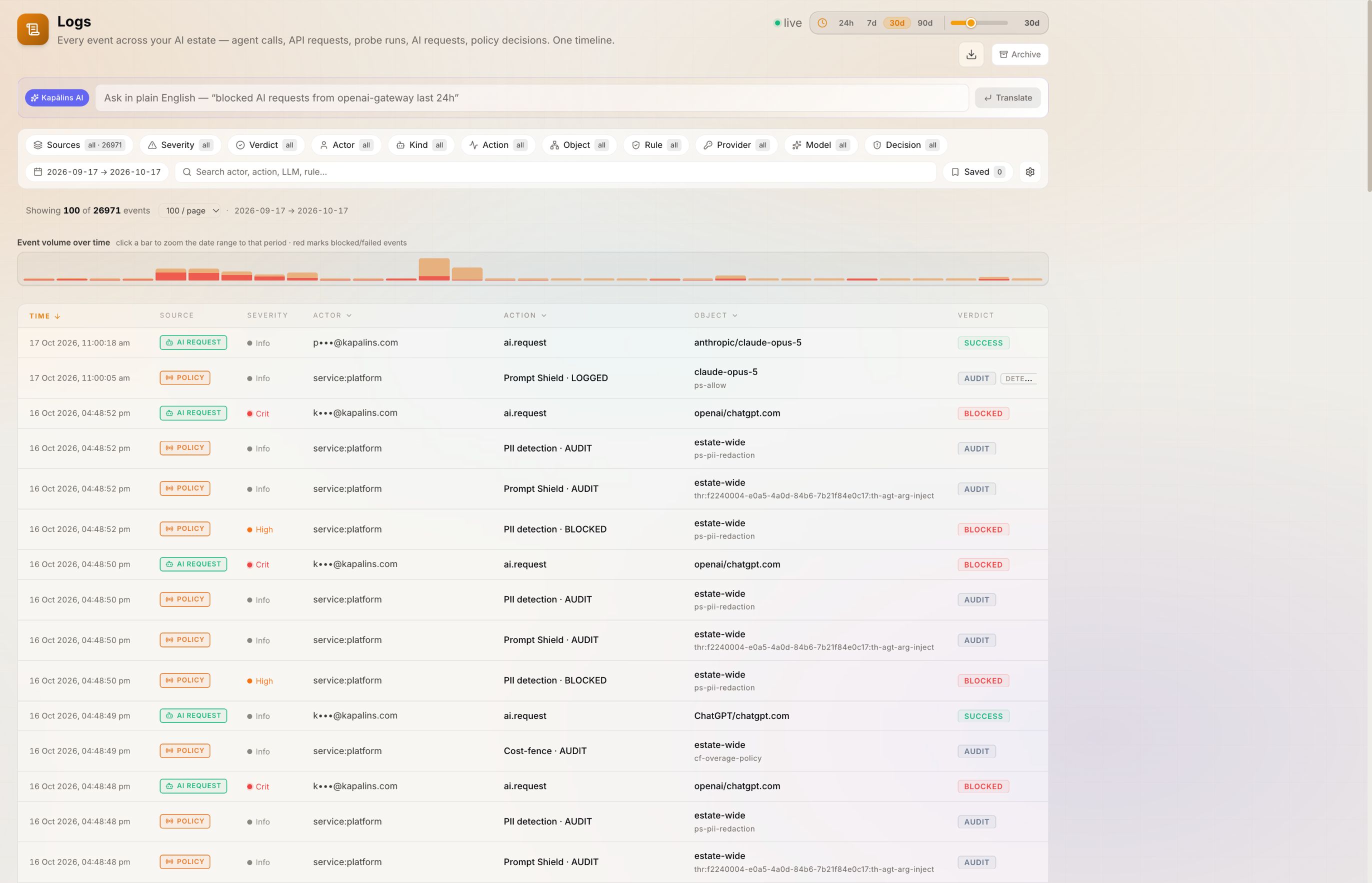 Kapālins Logs: a blocked AI request opened to its kill chain and decision trace