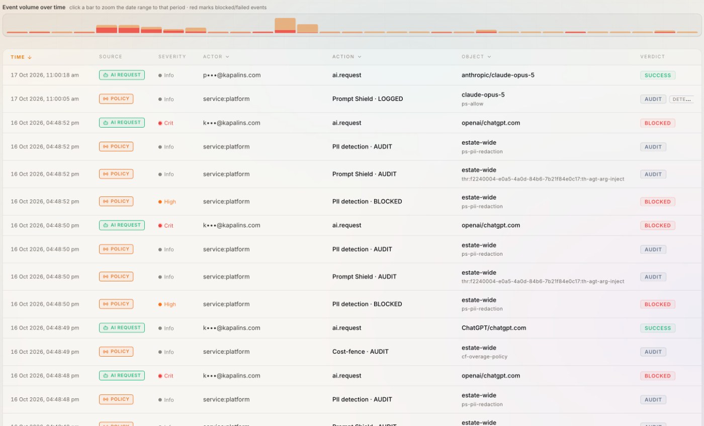 Kapālins Logs: one timeline of AI requests and policy verdicts